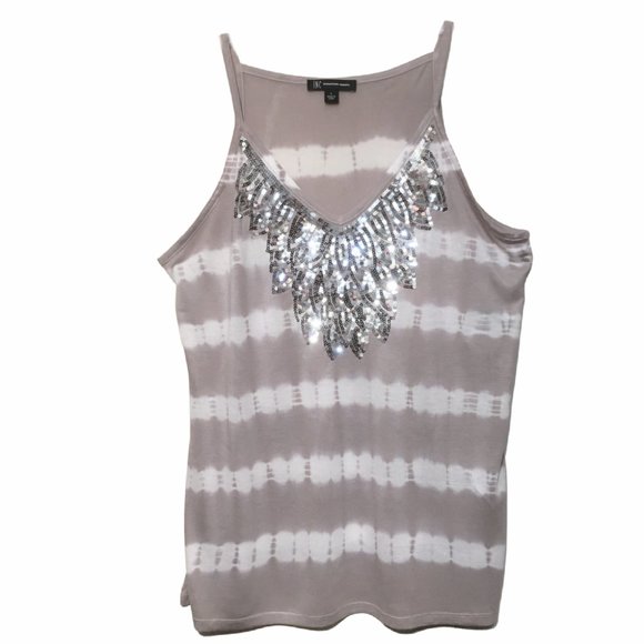 INC V-Neck Top Silver Sequin Gray Tie Dye Tank Stretch Large NEW - Picture 2 of 6